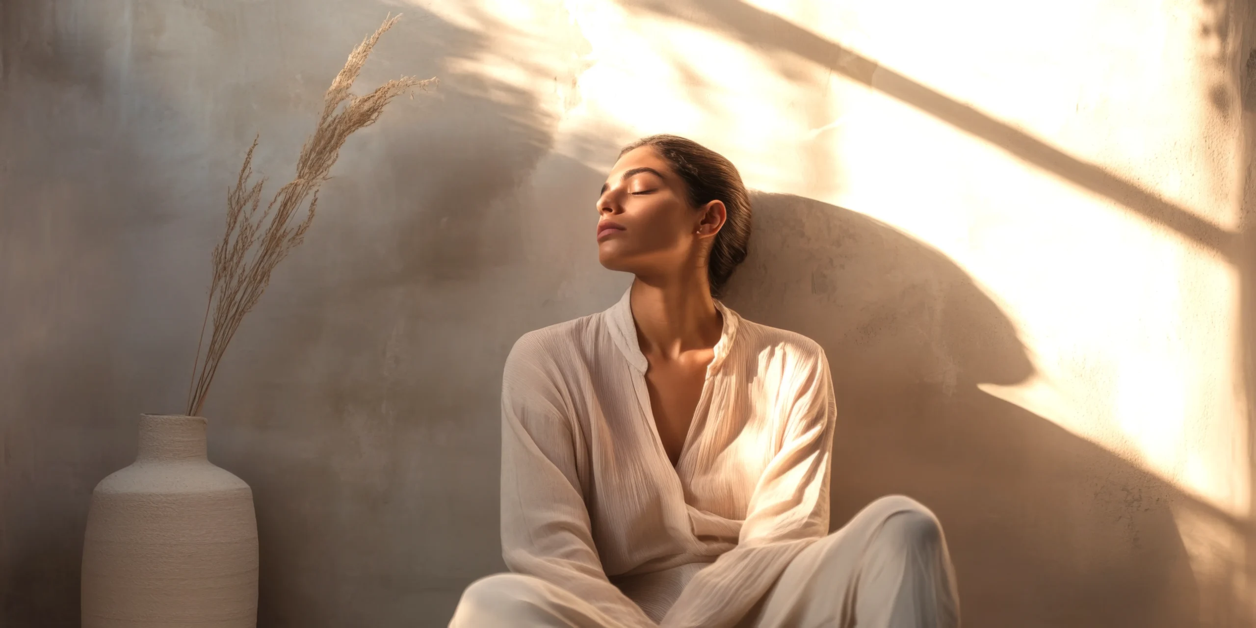 una mujer serena se sienta con gracia contra un fondo suave la luz natural baila su alrededor creando un ambiente pacifico esta imagen captura la esencia de la calma y la belleza ia